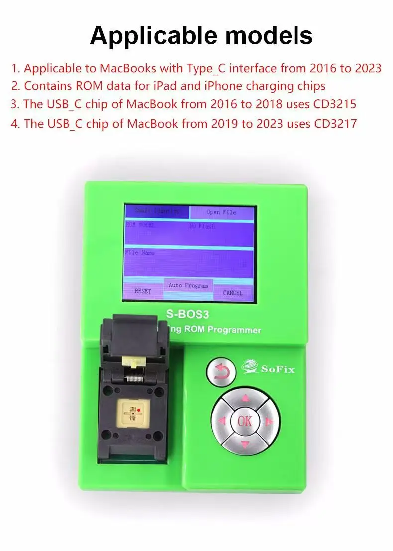 소픽스 S-BOS3 USBC 충전 ROM 프로그래머 맥북 패드 폰 2016-2013 CD3215 CD3217 ROM 데이터 쓰기 수리 도구