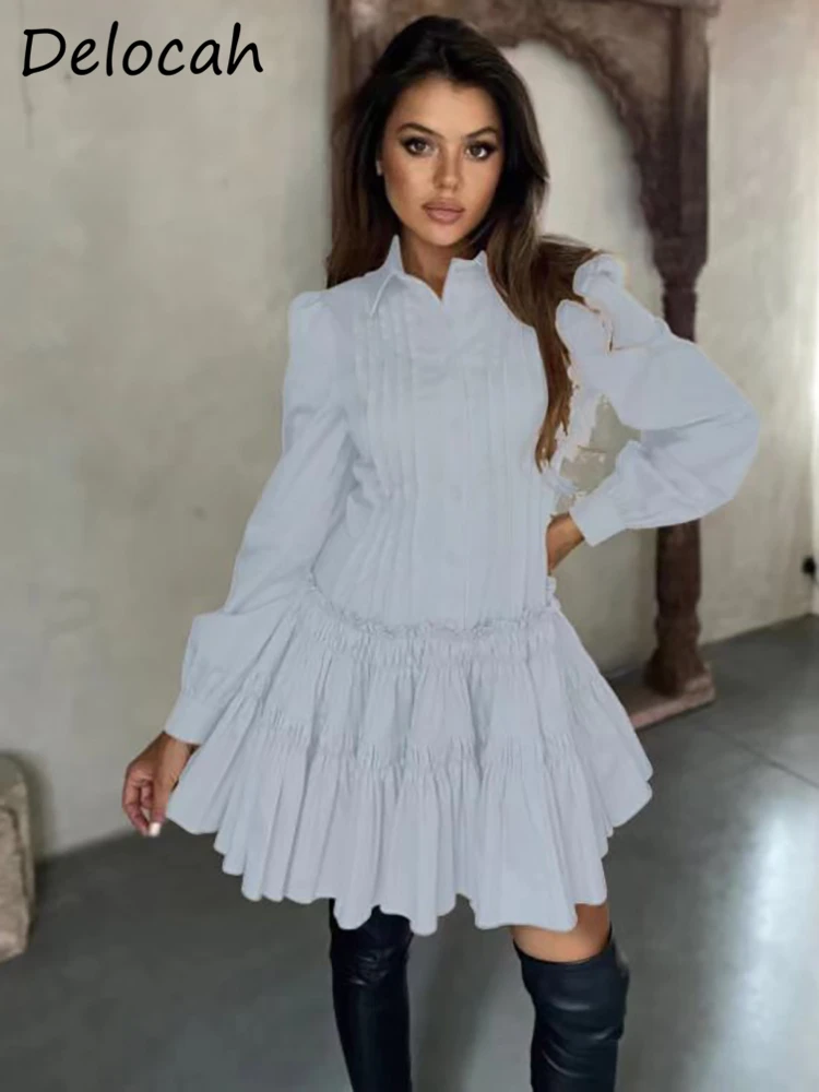 

Delocah высококачественное осеннее женское модное дизайнерское мини-платье с длинным рукавом, драпированные белые короткие платья с оборками и принтом