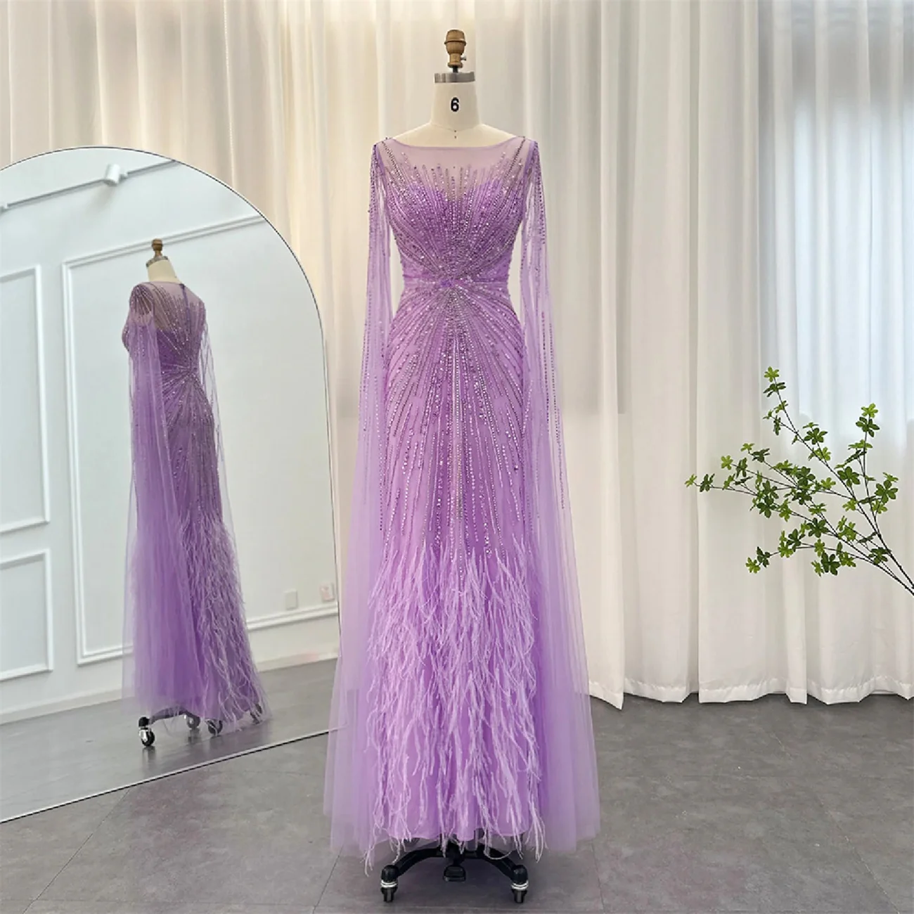

Gorgeous Purple Feathers Wedding Party Dress With Cape Sleeves Mermaid Beads Sequin Beading Extravagant Evening Dresses
