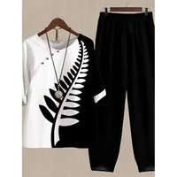 Summer 2 Piece Set Women Loose Short Sleeve Shirt Top High Waist Pants Flower Print Outfits Ladies Elegant Vintage Suit Fall - Image 3
