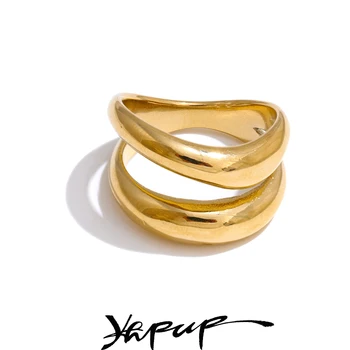 Yhpup 6789# Stainless Steel Metal Double Layer Geometric Cast High Quality Ring Water Resistant Texture Fashion Daily Jewelry 1