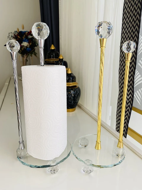 Silver Paper Towel Roll Holder Bling Stand Towel Tissue Roll Countertop Napkin for Bathroom Crystal Holder Crushed Diamond Home Decor 13.3 Inches High