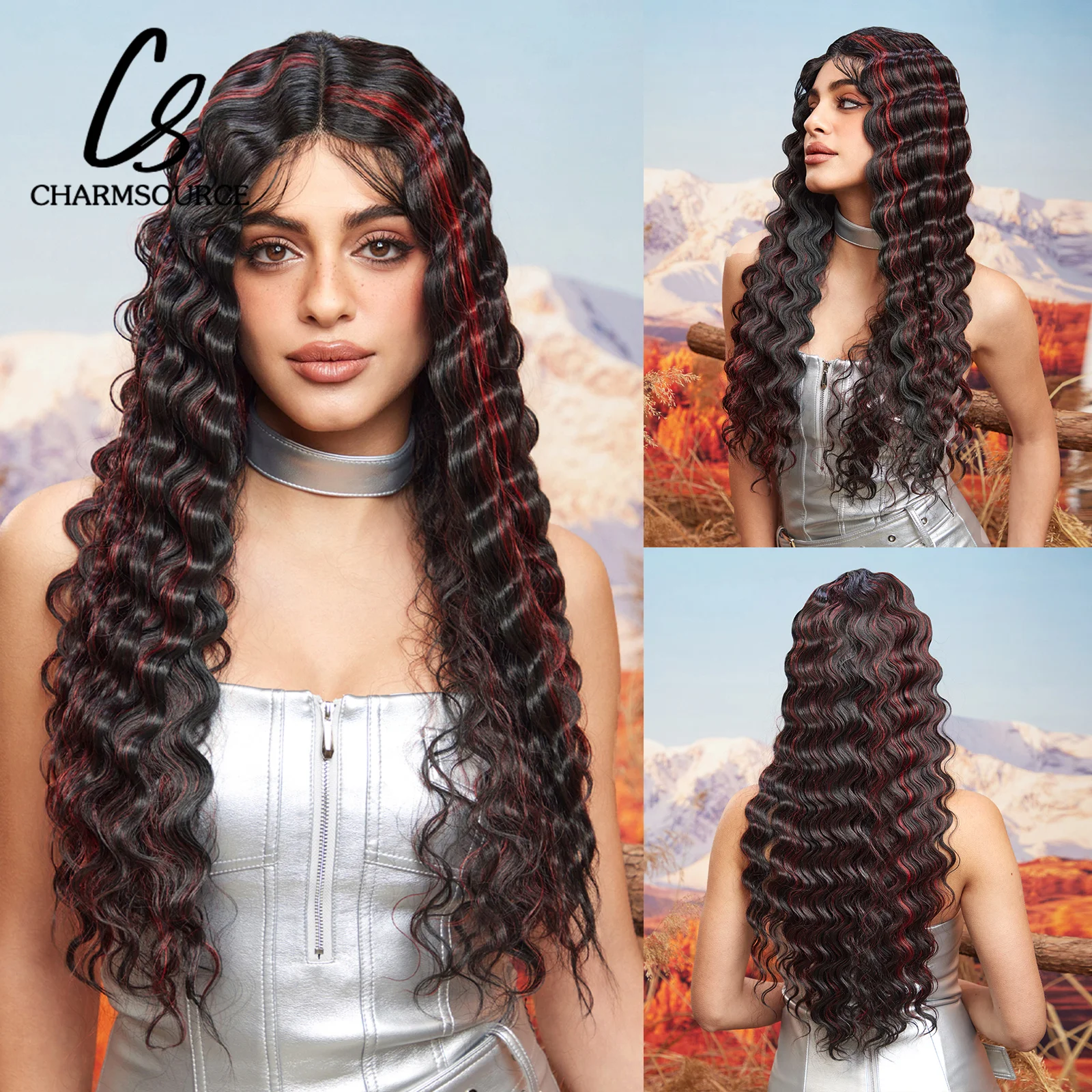 

CharmSource Lace Front Wigs Dark Brown Highlight Red Long Curly Synthetic Wig for Women Hair Party Daily High Quality
