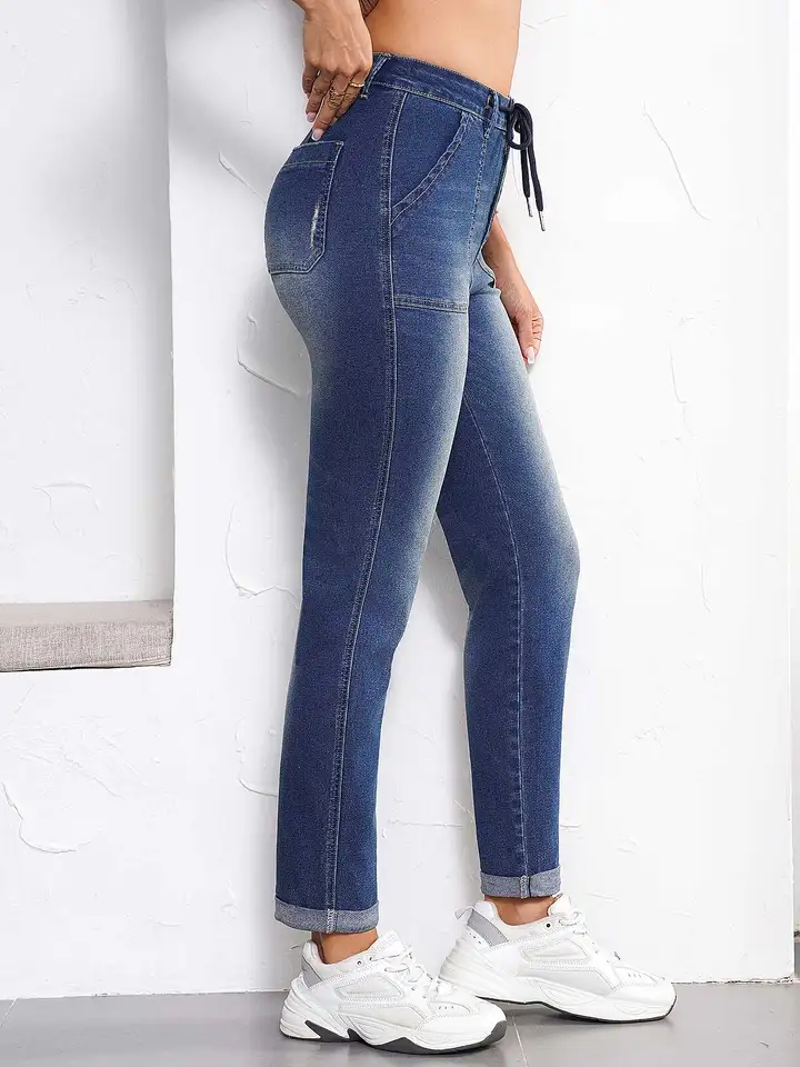 Womens High Waist Boyfriend Denim Joggers