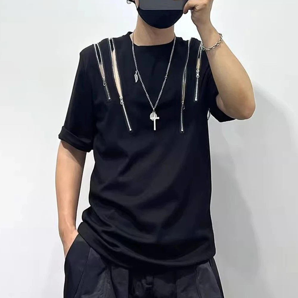 

Mens Dark Style Hollow Multi-Zipper Splicing T-Shirt 2024 New Genderless Youth Streetwear Personality Irregular Top Unisex