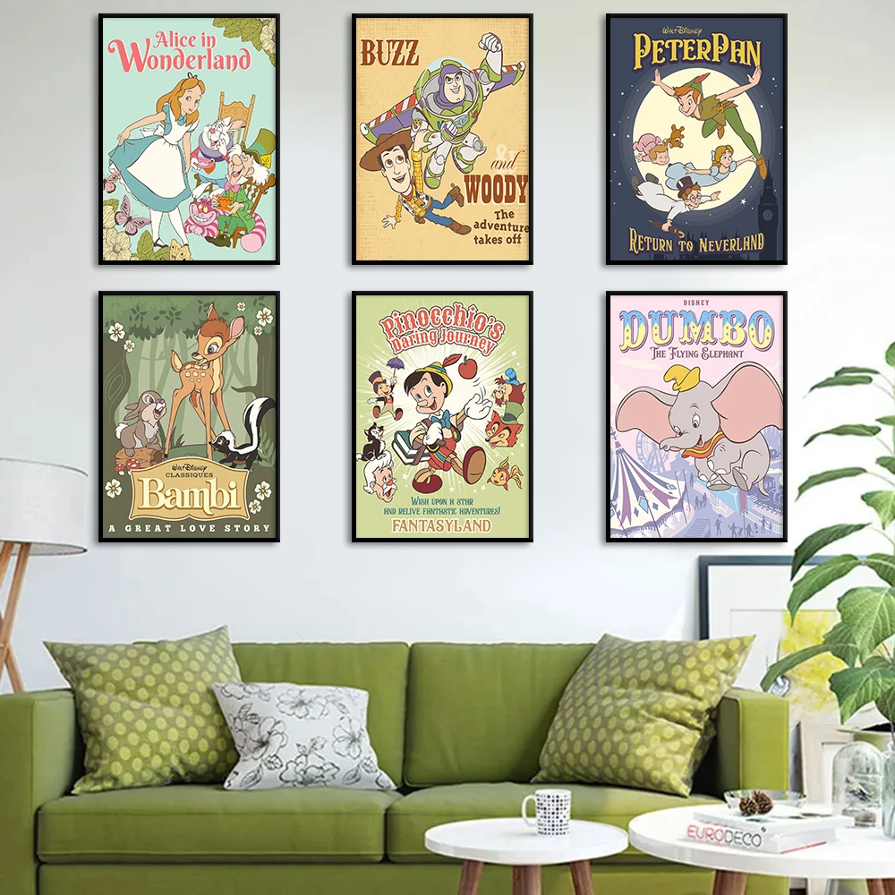 Vintage Disney Poster Canvas Painting Prints Dumbo Alice Pinocchio Classic Movie Picture For Living Room Kids Room Decor Cuadros