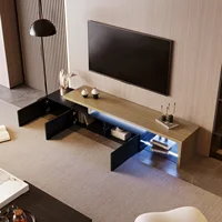 Современный шкаф под телевизор, подставка под телевизор со светодиодной подсветкой и глянцевой отделкой, практичное место для хранения вещей, деревянный вид, стеклянные полки, низкая панель под телевизор для гостиной, столовой и спальни, черный — изображение 6