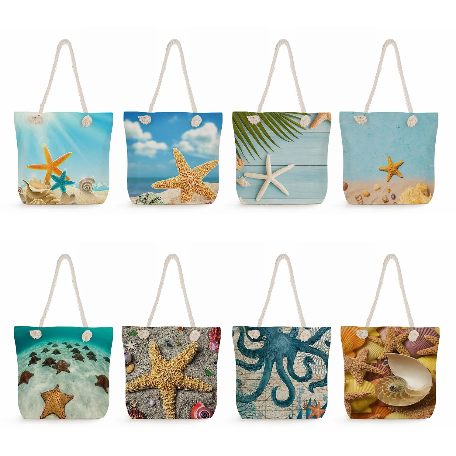 

Eco Reusable Shopper Bag Fashion Starfish Print Handbags Summer Shoulder Bag High Quality Beach Bags Thick Rope Women Tote Bag