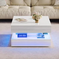 Table basse Superaly avec éclairage LED, table de salon avec 2 tiroirs et espace de rangement dissimulé, table d'appoint, finition brillante, pour salon, bureau, blanc 4