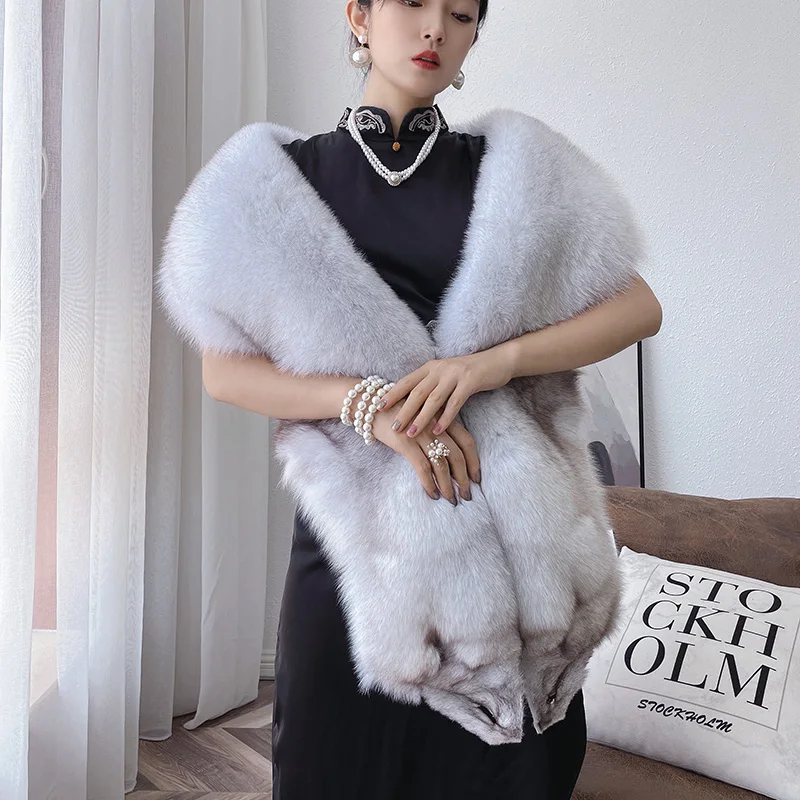 

MS.Minshu Winter Natural Silver Fox Fur Cape Luxury Genuine Natural Fox Fur Shawl for Women