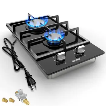 Karinear Gas Cooktop 2 Burner Propane Cooktop, 12 Inch LPG/NG Dual Fuel Gas Stove Top, Built-in Tempered Glass Gas Cooktop for A 1