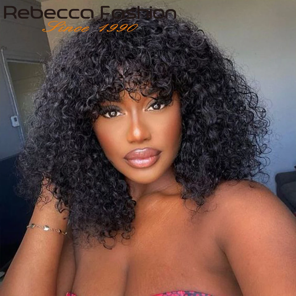 

Rebecca180D Glueless Short Cut Jerry Curly Human Hair Bob Bangs Wigs Brazilian Curly Wigs With Bangs For Women Full Machine Made