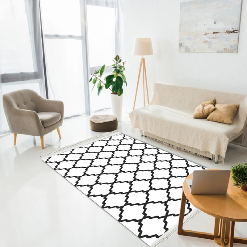 

Zigzag White Lattice Pattern Carpet, Black and White Area Rug, Geometric Decorative Floor Carpet, Living Room Decor, Non-Slip Ca