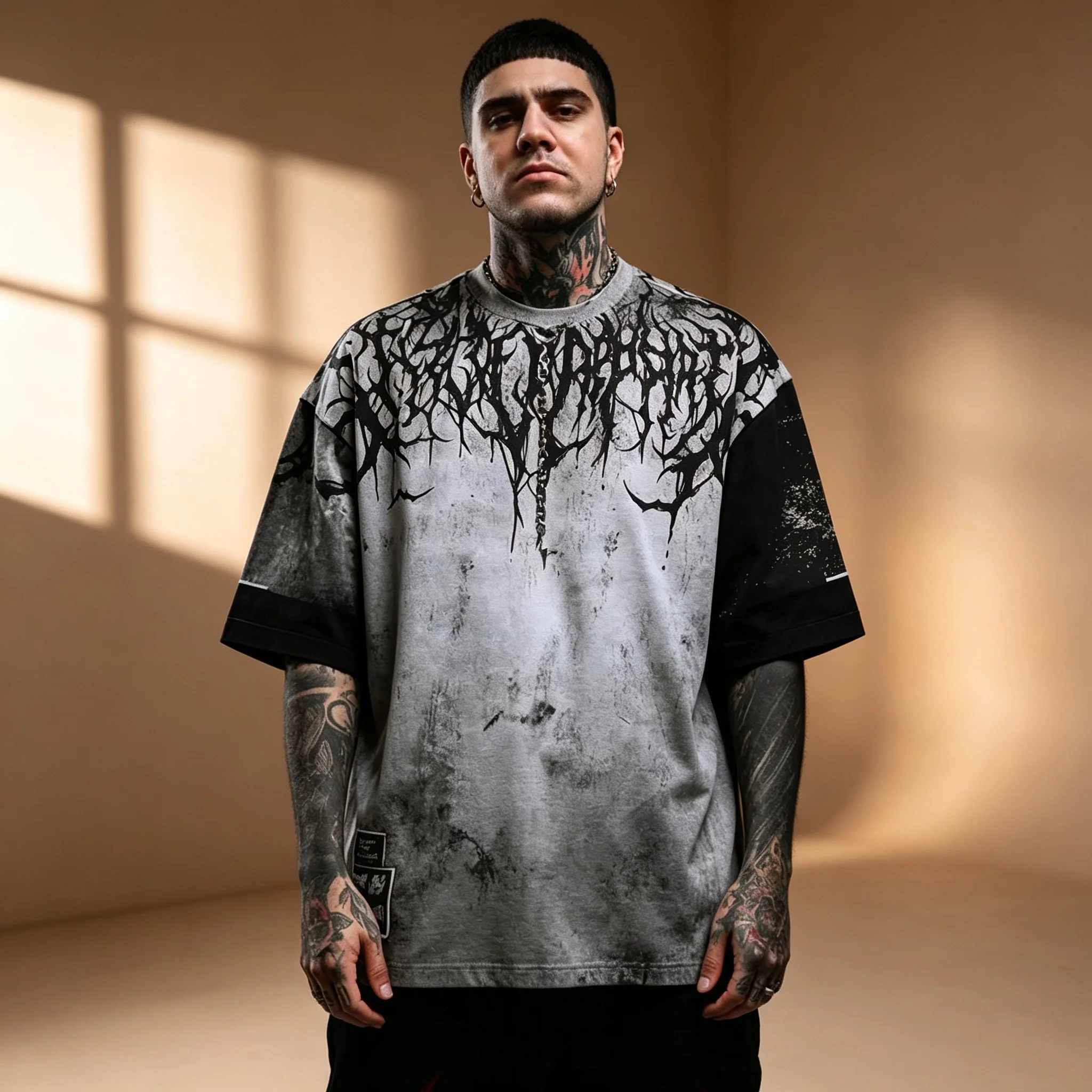 Herren Vintage Washed Distressed T-Shirt mit Dornen-Gothic-Print, Oversized, locker geschnitten, Kurzarm, Streetwear, Punk-Tee-Top