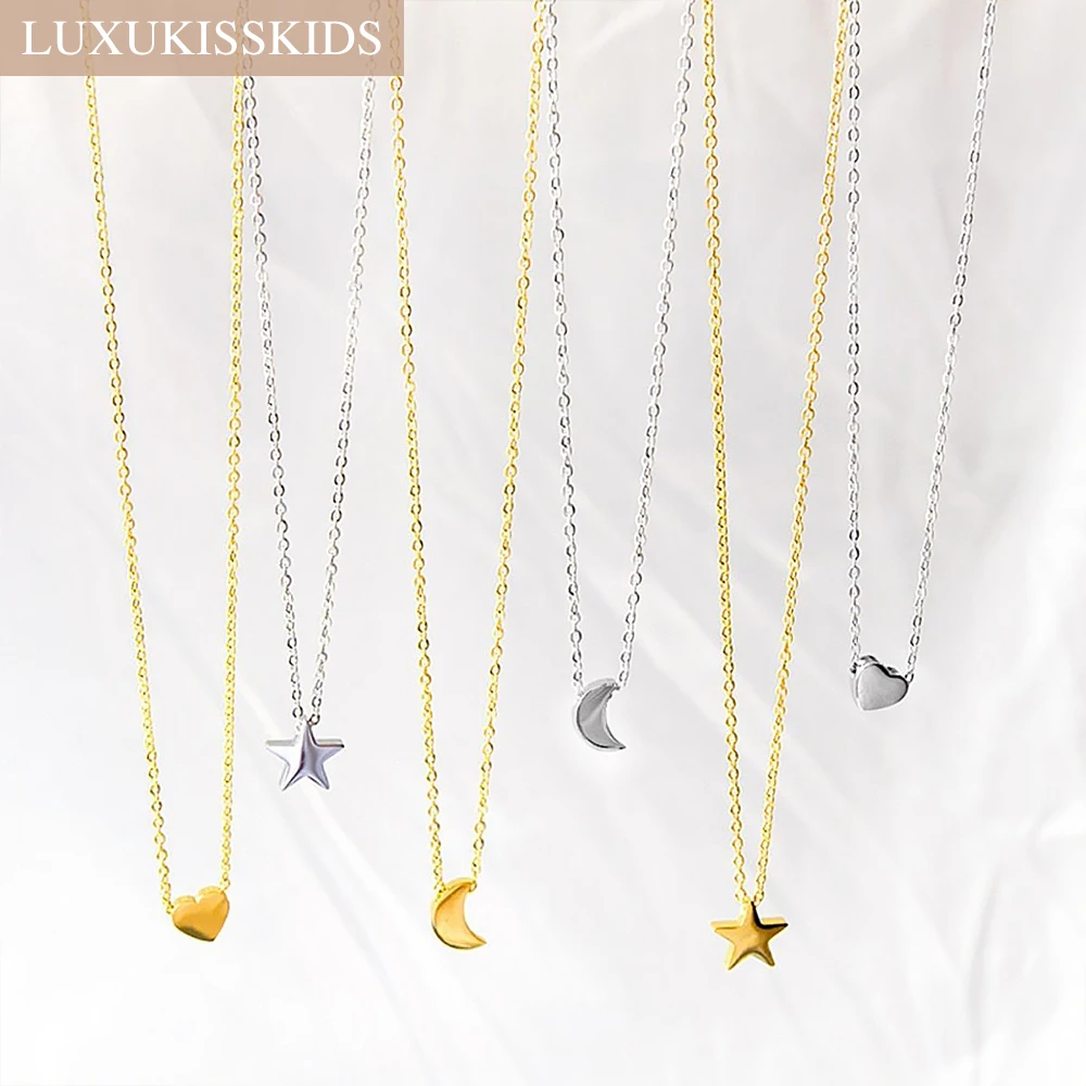 LUXUKISSKIDS Heart Star Moon Pendant Necklaces Tiny Charms Stainless Steel Choker Women/Girls Y2K Sweater Boho Jewelry Collares