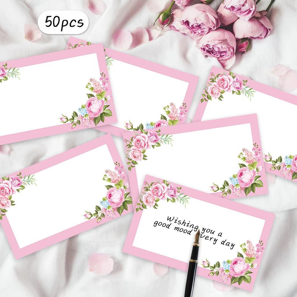 50pcs Pink Floral Blank Message Cards Pocket Cards Business Blank Greeting Small Business Supplies Gift Tags