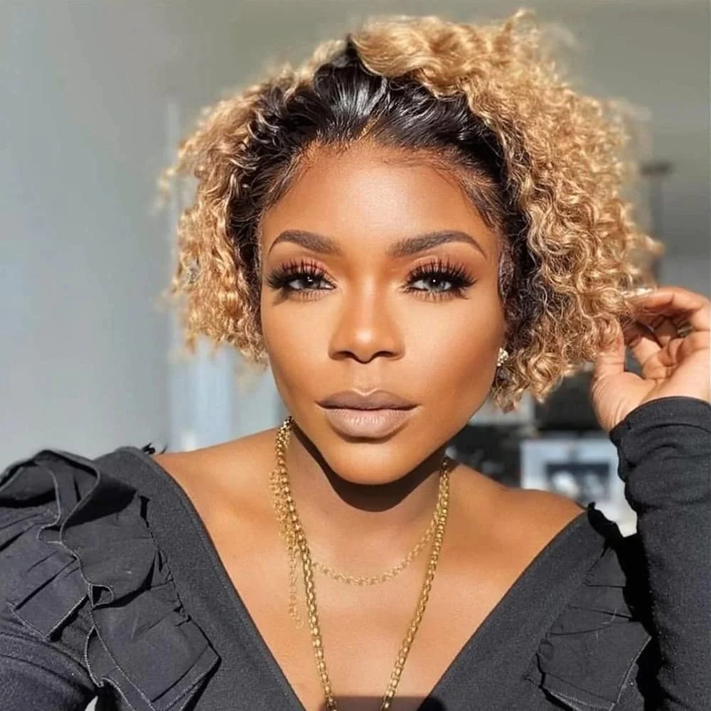 

Short Pixie Cut Wig Human Hair 13x1 Lace Frontal Short Curly Bob Wig Colored HD Transparent Human Hair Wigs For Black Women