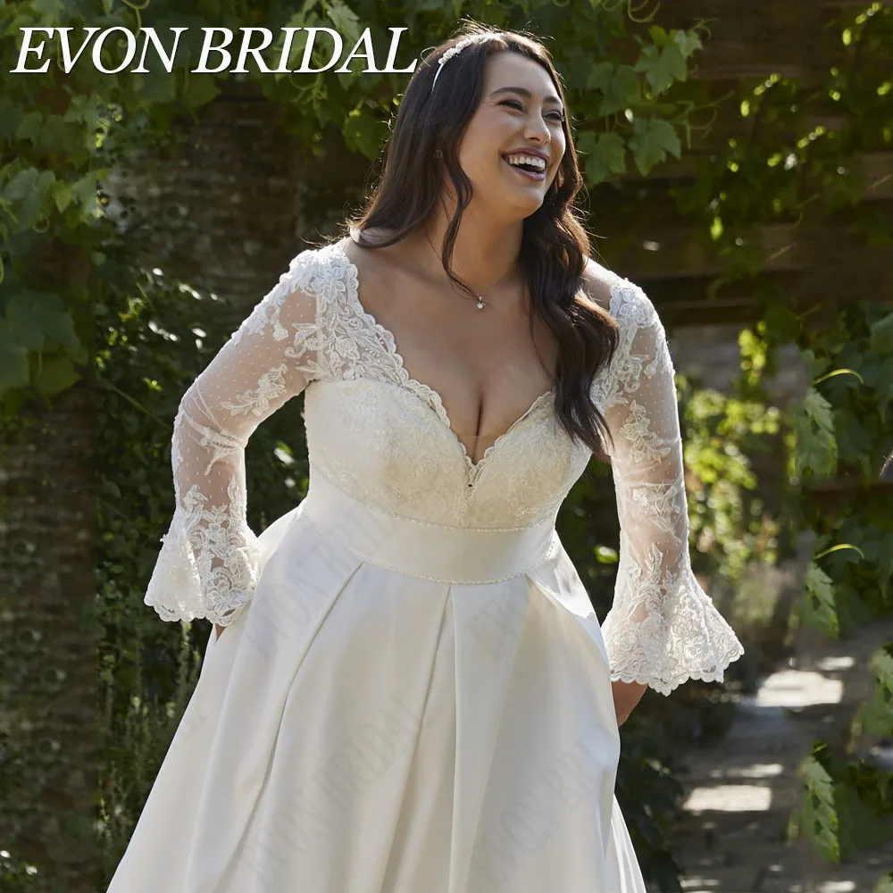 EVON BRIDAL Vintage Plus Size Lace Wedding Dress V-Neck Satin A-Line vestidos novias boda Bride Gowns Applique Custom Made 5