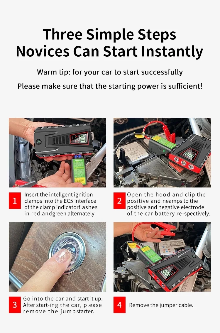12000mAh Tragbarer Auto-Starthilfe-Booster mit 5000A Spitzenstrom, Powerbank-Ladegerät, 12V Auto-Startgerät für Benzin- und Dieselfahrzeuge, Notfallbatterie – Detail 1