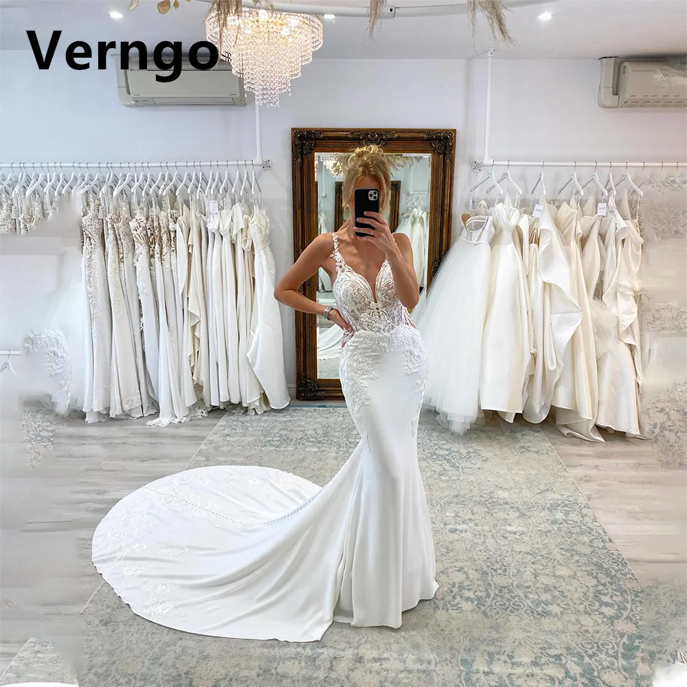 

Verngo Lace Applique Bridal Dress For Women Spaghetti Staps Sweetheart Wedding Dress Elegant Mermaid Prom Gowns