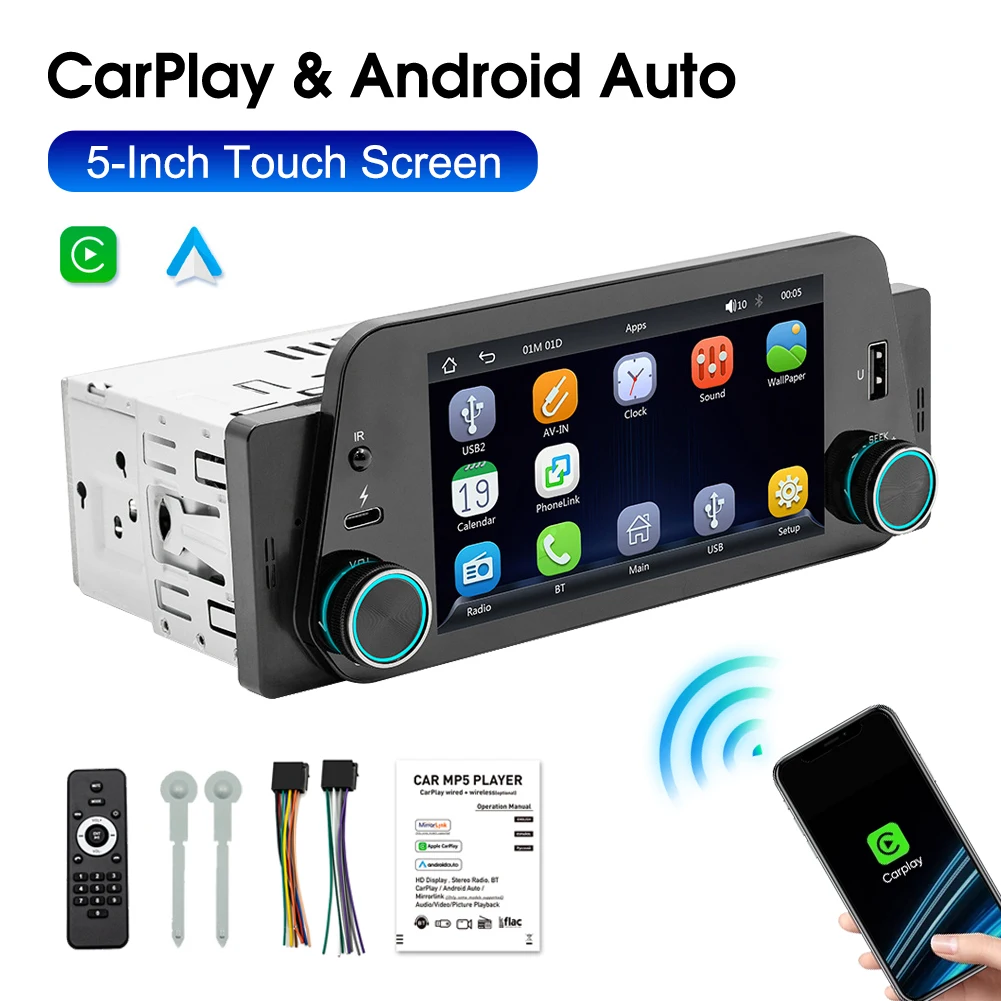 1Din Car Stereo Wireless Carplay Android Auto Car Radio Touch Screen Da 5 Pollici Bluetooth Vivavoce Chiamata Usb Mirrorlink Sistema Audio