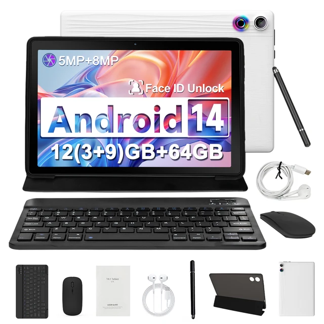 A10L Tablet 10 pollici Android 14 12GB RAM 64GB ROM 1TB Espandi WiFi6 Face Sblock Penna tastiera schermo HD IPS per PC Pad 1