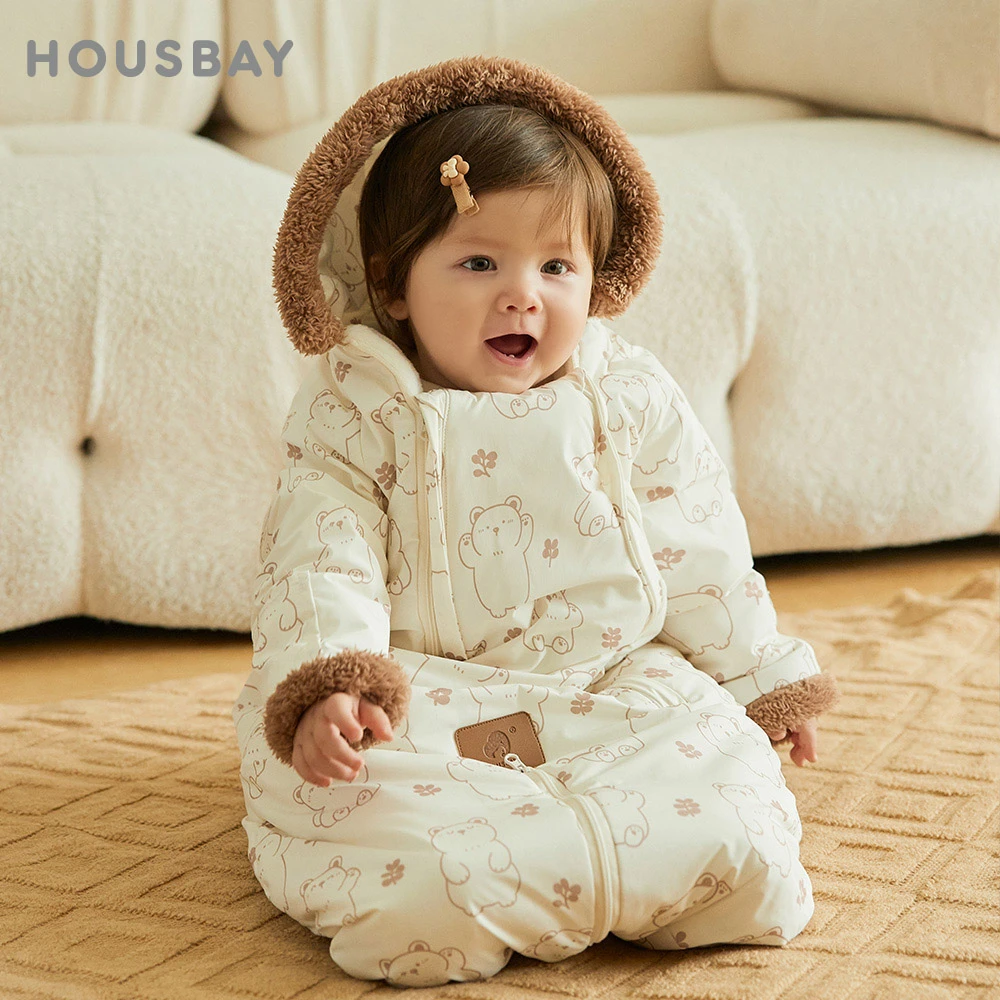 Baby Overalls Winter Warm Baby Clothes Outdoor Waterproof Thick Hooded Jacket Cute Cartoon Bear Boys Girls Toddler Coat 0-12M