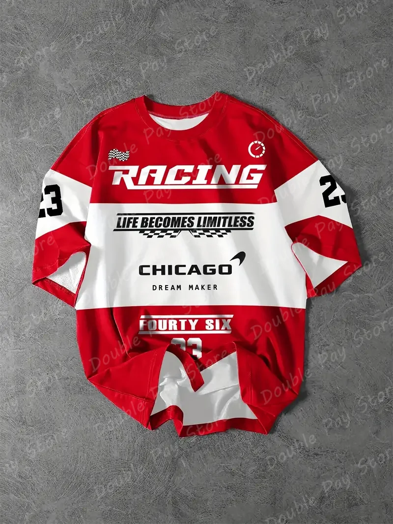 Children O-Neck Unisex Short Sleeve Stylish Tops Racing Theme Checkered Flag Pattern "CHICAGO" Letter Print High Quality T-shirt