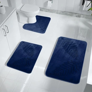 3 Piece Bathroom Mat Memory Foam Ultra Soft and Absorbent Leaf Bath Rugs Thick Wash Toilet Tub Mat Set 1