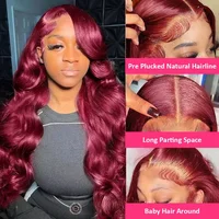 Perruque de cheveux humains ondulés bordeaux 99J de 30 pouces, perruque frontale en dentelle HD transparente 13x6, densité 250, pré-plumée et colorée 2
