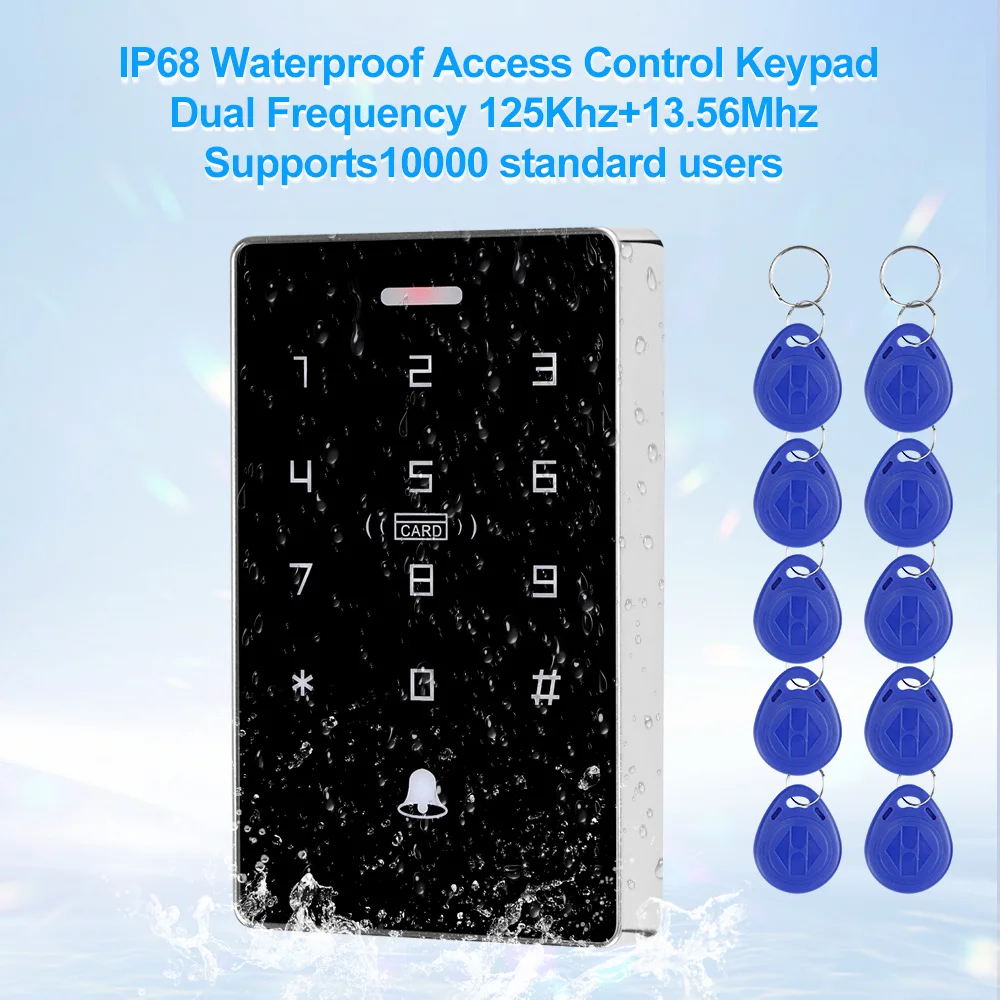 NFC Backlight Touch Dual Frequency 125KHz + 13.56MHz RFID Card Access Control Keypad Door Lock Opener WG Output IP68 Watreproof access control keypad