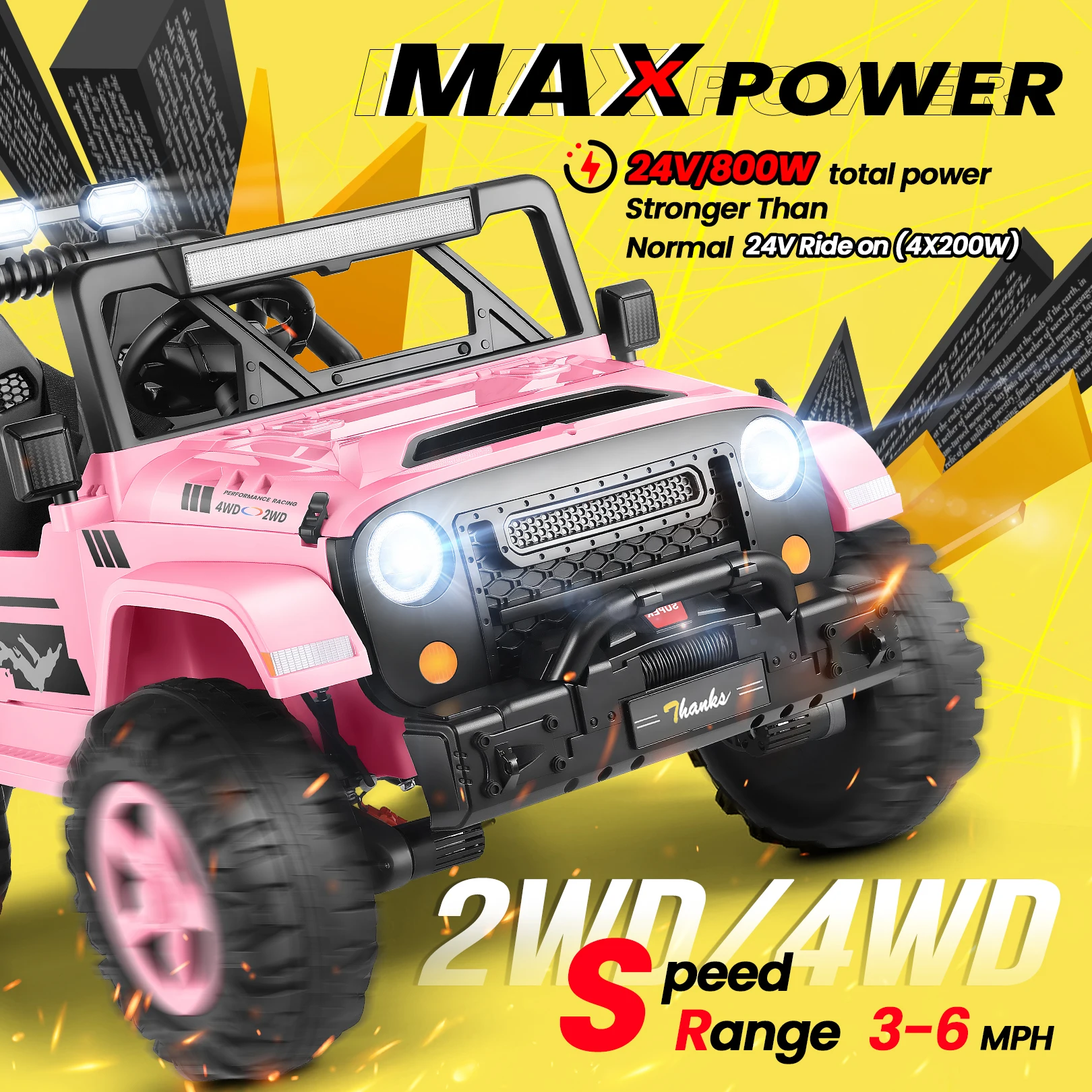 24V Ride on Toys 2 Seater Ride on Cars, 4x4 Electric Car for Kids, Battery Powered Truck Car W/ 4x200W, Music, LED Light
