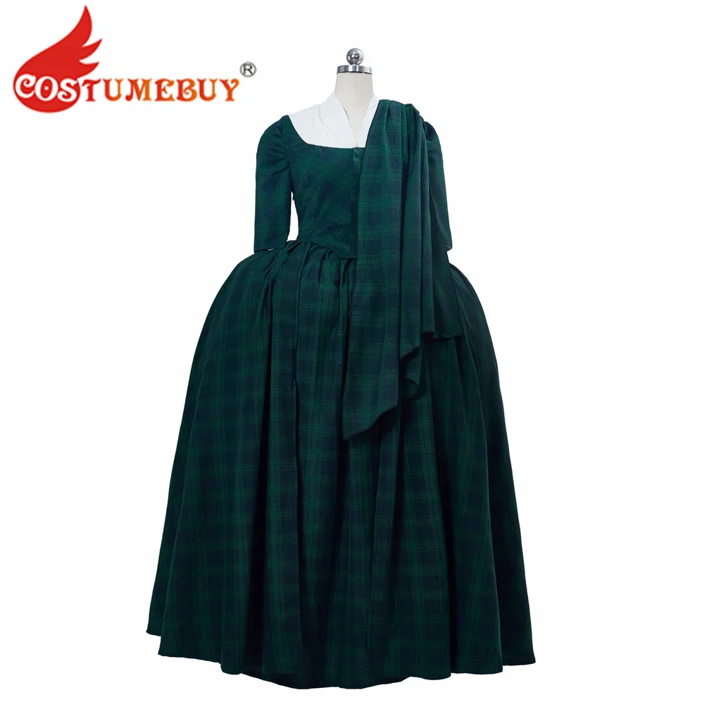 

Outlander Scottish Highland Dress Claire Fraser Cosplay Costume Women's Plaid Dress 18th Century Tartan Kilt Dress with Shawl