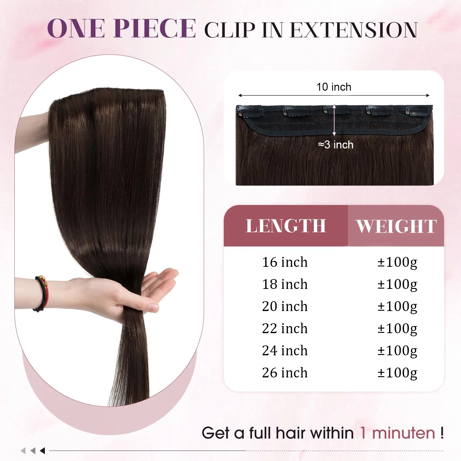 One Piece Hair Extensions Clip Ins Human Hair 5 Clips 3/4 Full Head Clip On Dark Brown Color Remy Extensions For Women