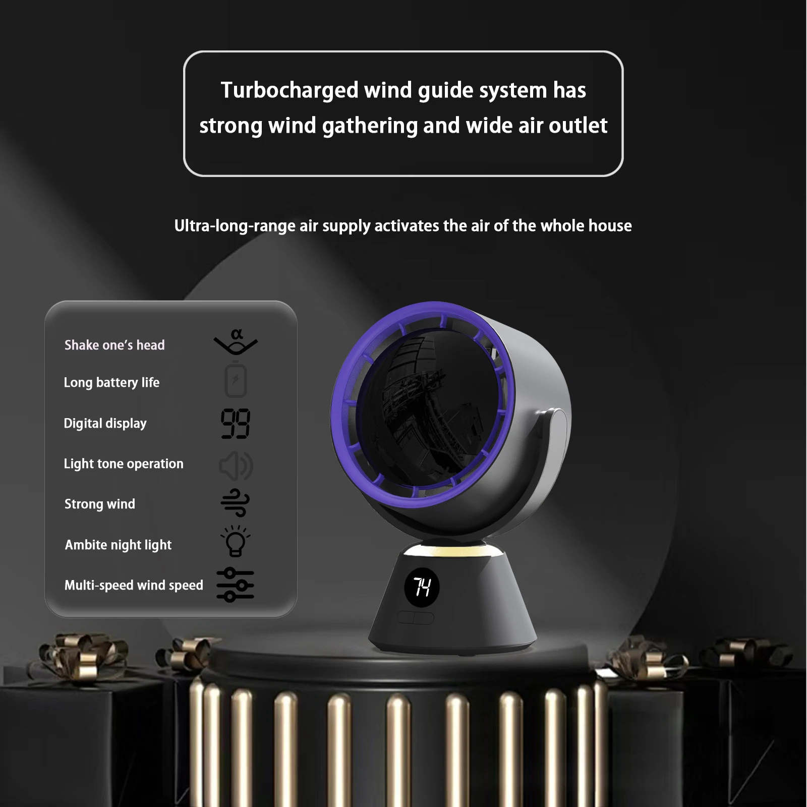 

Desktop Fan USB Rechargeable Wireless Mini Electric Fan Silent Portable Smart Digital Display Powerful Fan with LED Light