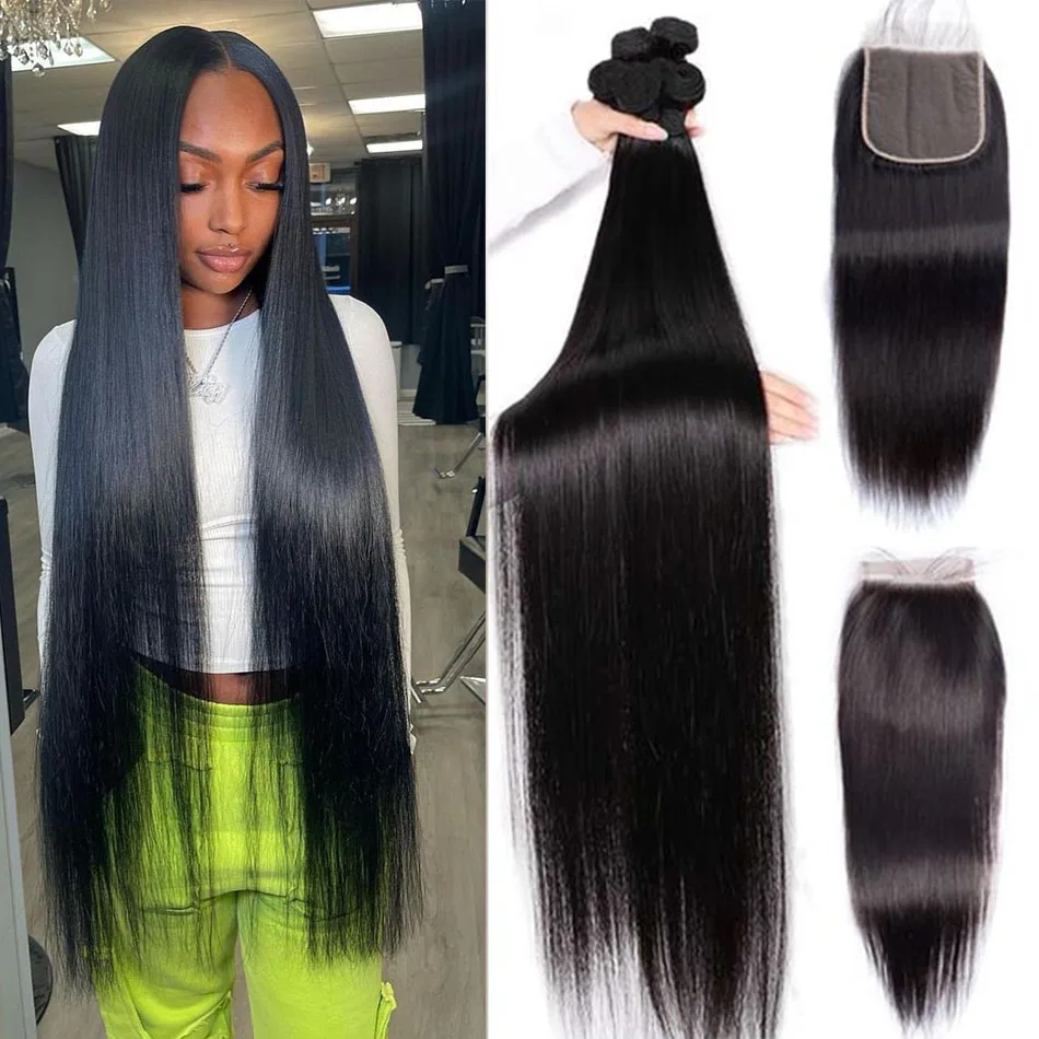 

Straight Human Hair 3 Bundles with Closure 10A Double Weft Bundles with 4x4 Free Part HD Lace Closure Brazilian Hair Weave Bundl