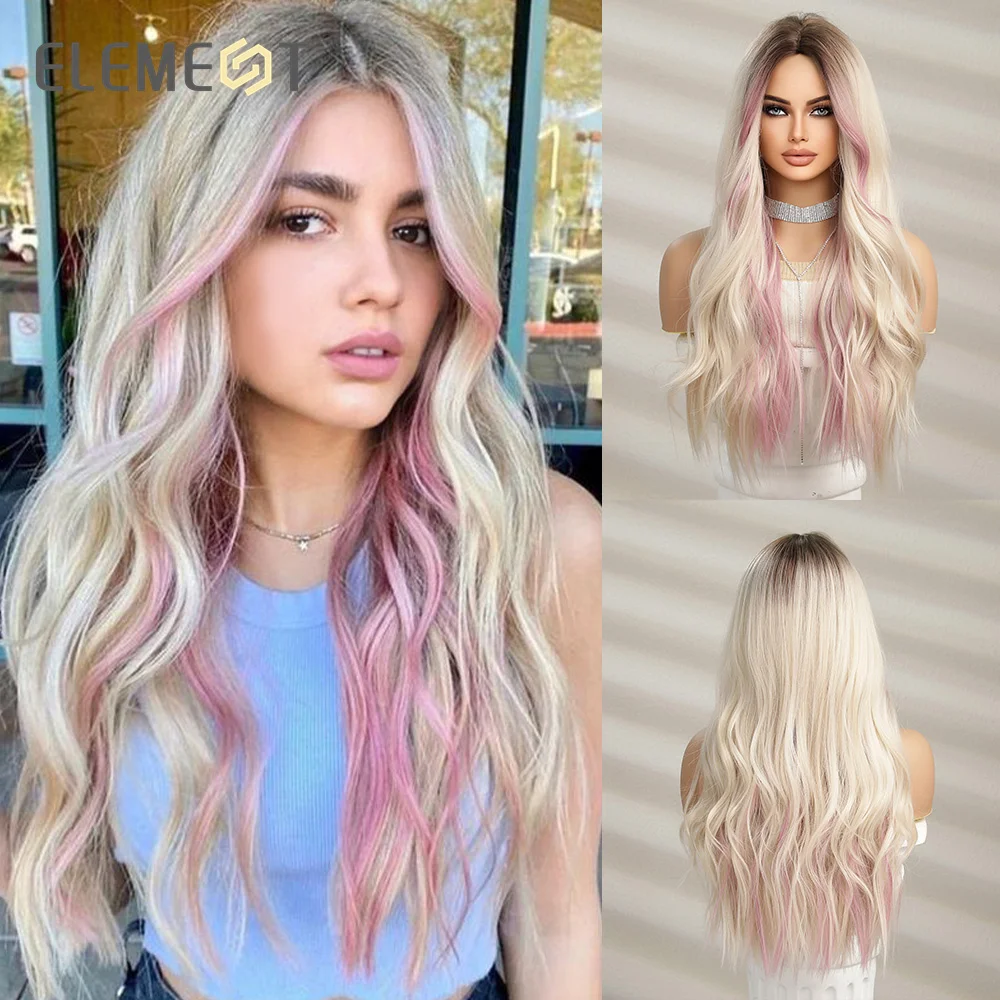 

ELEMENT Youthful Synthetic Wig Long Wavy Curly Ombre Blonde Mixed Pink Wigs for Women Heat Resistant Party Daily Hair Natural