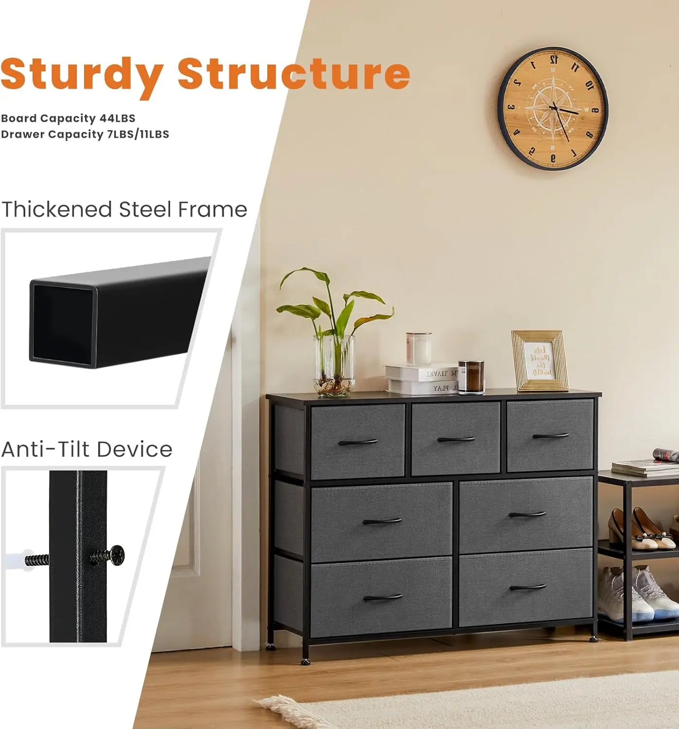 HEFPTURE 7-Drawer Storage Organizer, 3 Small& 4 Large Fabric Drawers, Durable Steel Frame, Versatile Storage for Bedroom 2