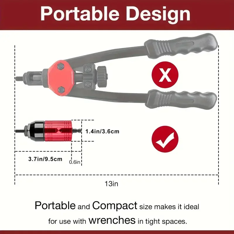 Metric + Imperial Rivet Nut Gun Set Home Cordless Rivet Gun Riveting Tool 10pcs Head 1/4 Inch Hexagonal Handle Interface