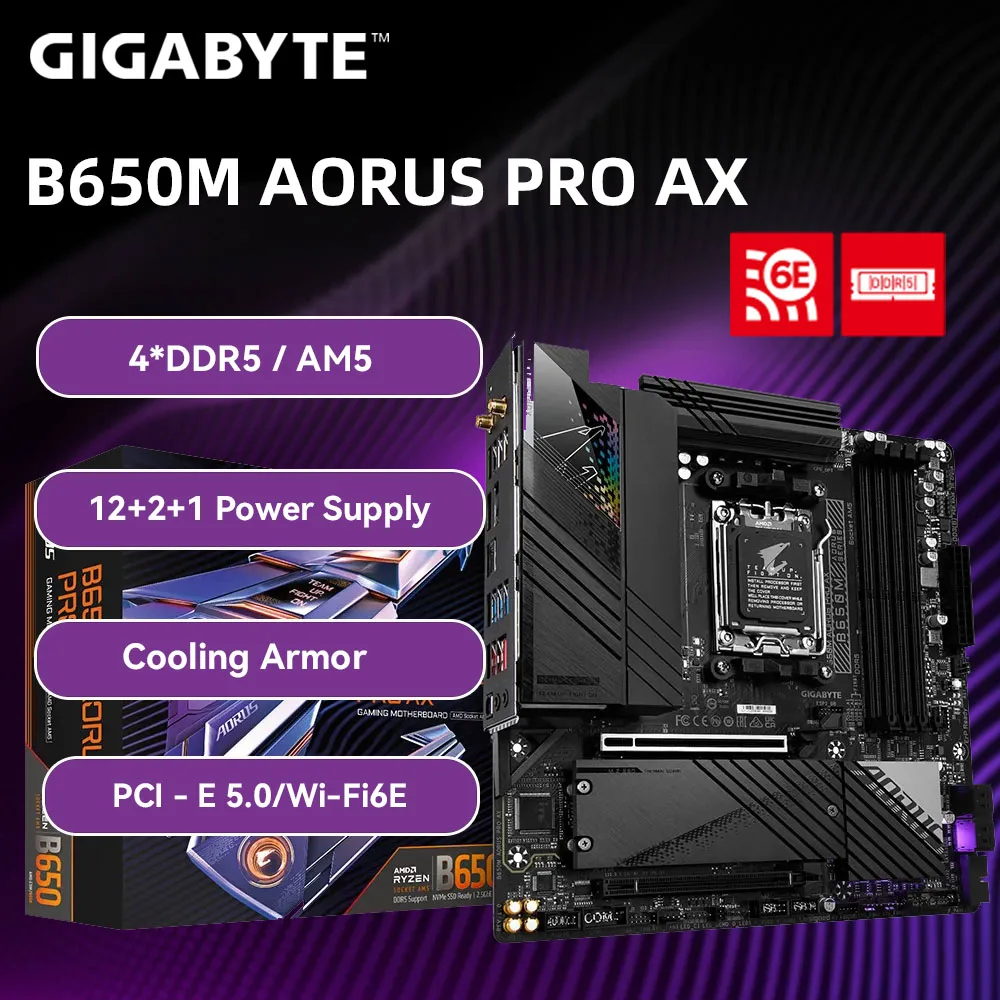 기가바이트 B650M AORUS PRO AX AMD Ryzen 7 7700 CPU 마더보드 키트, 4xDDR5 메모리, PCIe 5.0 M.2 지지대, WIFI6E 및 R7