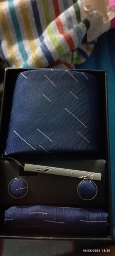 Silk Brand Tie Handkerchief Cufflink Set Necktie Holiday Gift Box Man's Blue Gold Suit Accessories Slim Cravat Wedding Gravatas photo review