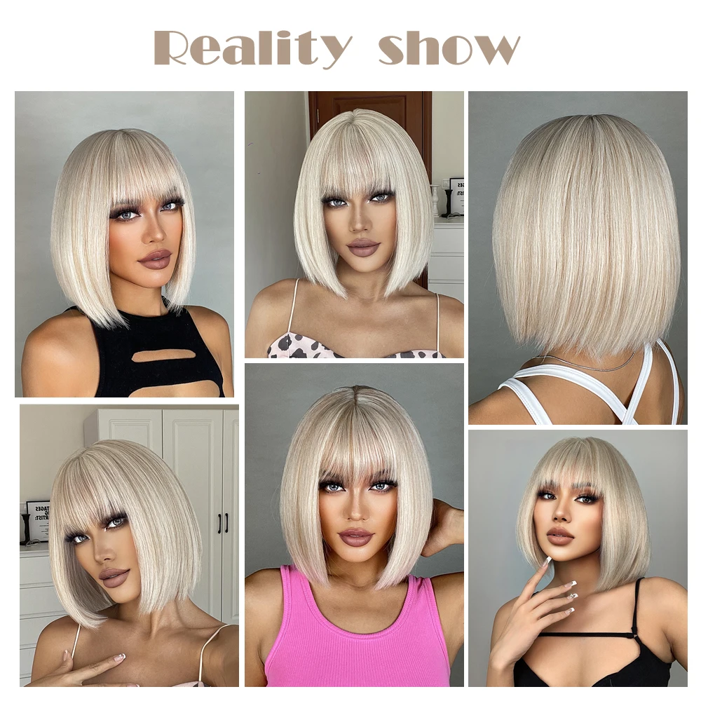EASIHAIR Synthetic Bob Wigs with Bang Short Straight Light Blonde Beige Natural Hair Wigs for Women Daily Cosplay Heat Resistant_voghion.com