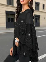 Elegant plus Size Solid Color 3/4 Sleeve Loose Top for Women Fashion Shiny Asymmetrical Hem round Neck Long Shirt - Image 3