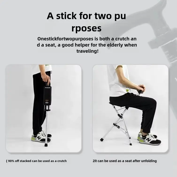 A 2-in-1 portable folding cane and chair combination that can be quickly folded and unfolded, equipped with a seat and three leg 2