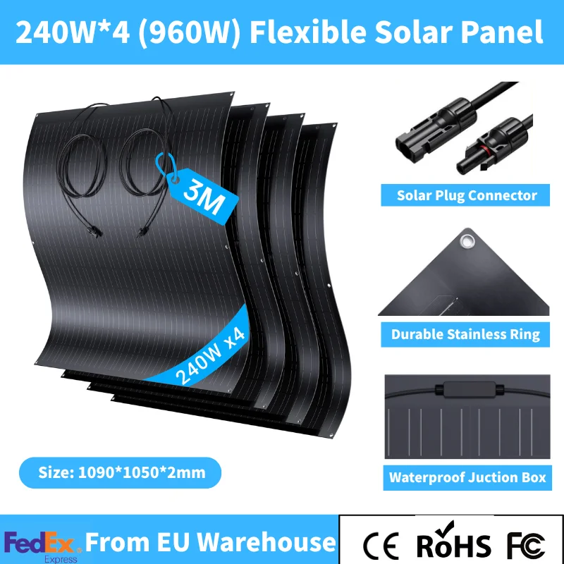 IP67 Mono Cell 240W 19.6VDC Flexible Solar Panel 4PCS 960W Outdoor PV Module for Balcony RV Boat Charging System