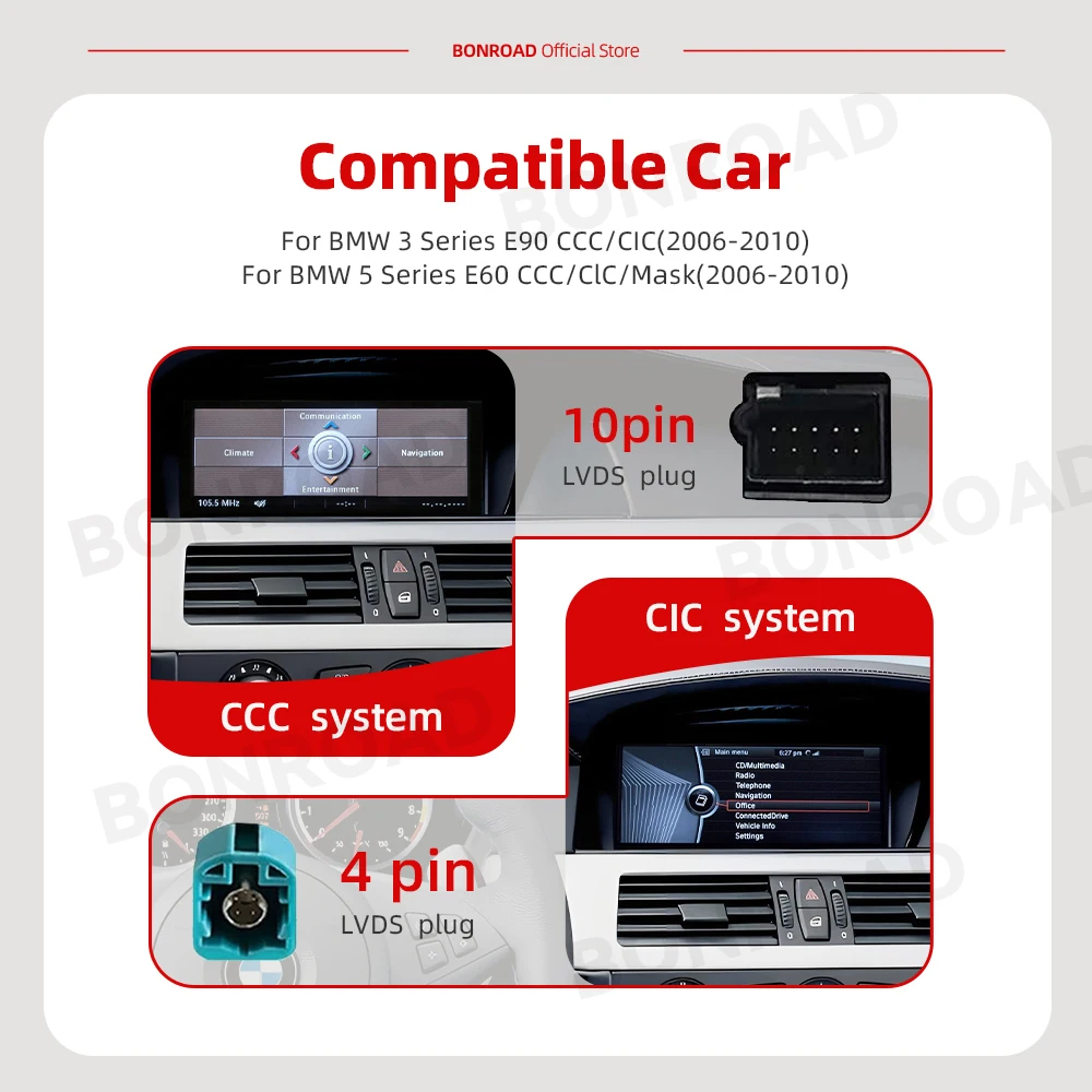 BONROAD 무선 카플레이 안드로이드 오토 차량 멀티미디어 라디오 BMW 5 3 시리즈 E60 E61 E62 E63 E90 E91 E92 E93 M3 CCC CIC 모니터용