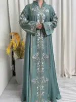 2025 Teal Muslim Abaya with Stand Collar and Exquisite Floral Embroidery Ideal for Islamic Festivities and Ramadan Celebrations