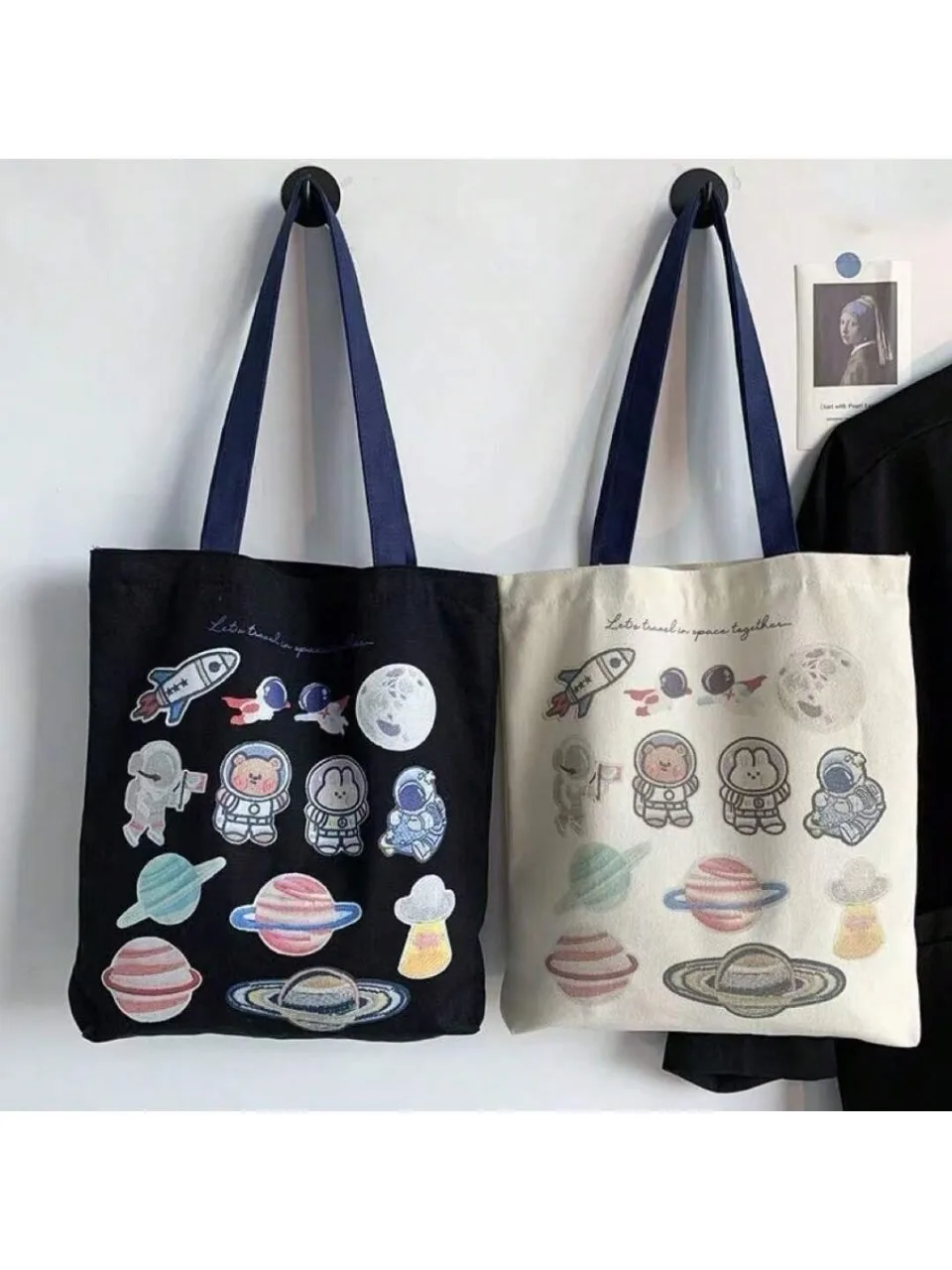 Bolso de hombro de gran capacidad para mujer y niña, bolsa de compras suave con estampado de gato portátil, bolso de mano de lona Se envían al azar una variedad de patrones de dibujos animados.
