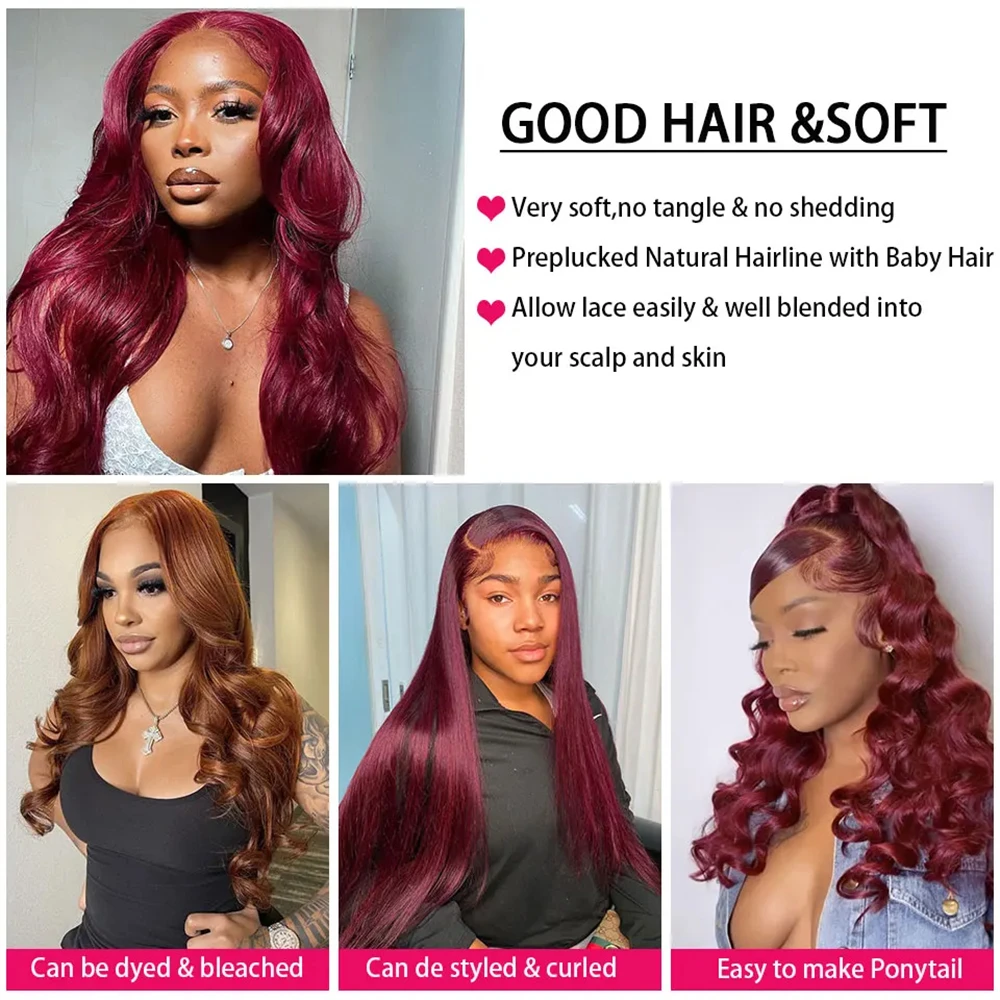 Body Wave 99J Burgundy Human Hair Bundles with Closure Frontal 13x4 Transparent Lace Frontal Brazilian Wine Hair Extenstion Remy