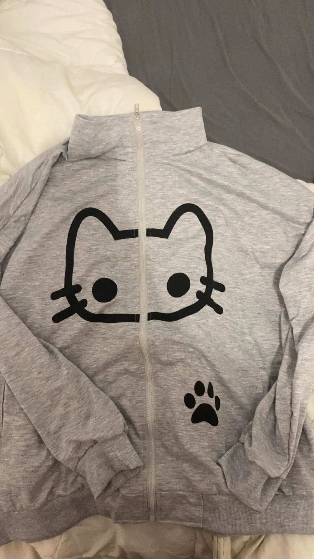 Cute Neko Print Gray Hoodie - Harajuku Aesthetic photo review